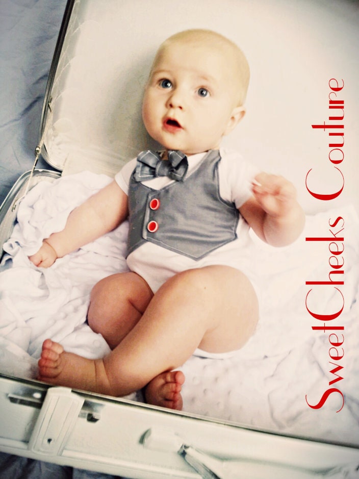 Vintage inspired Baby Onsie with attached gray vest and bow tie- red buttons white onesie