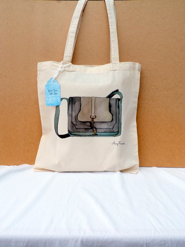 Canvas tote bag shopper, cream green and back bag, printed illustration.