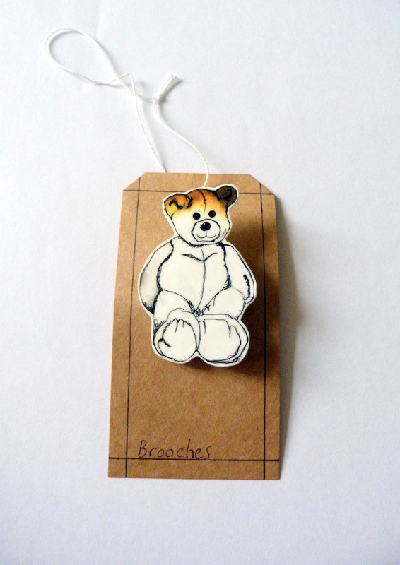 Teddy Bear brooch - illustrated watercolour - shrink plastic