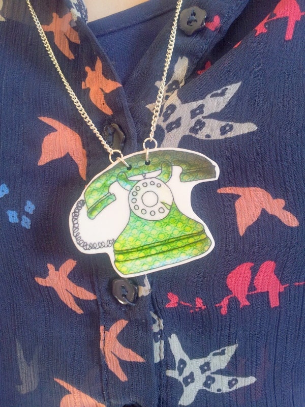 Green vintage telephone necklace - patterned phone - shrink plastic pendant - hand illustrated