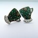 Tea cup earring, small shrink plastic, hand illustrated Green floral spotty studs.
