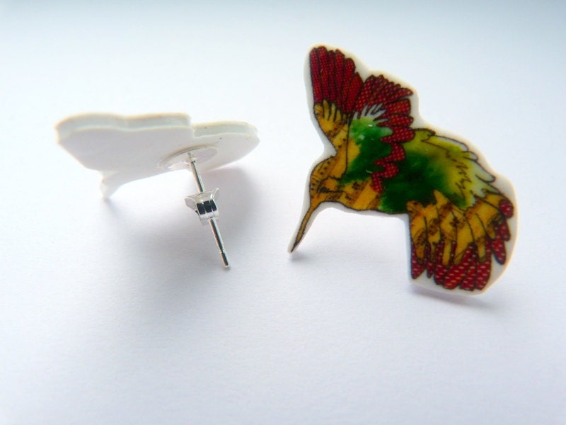Humming Bird earring - shrink plastic studs  - hand illustrated