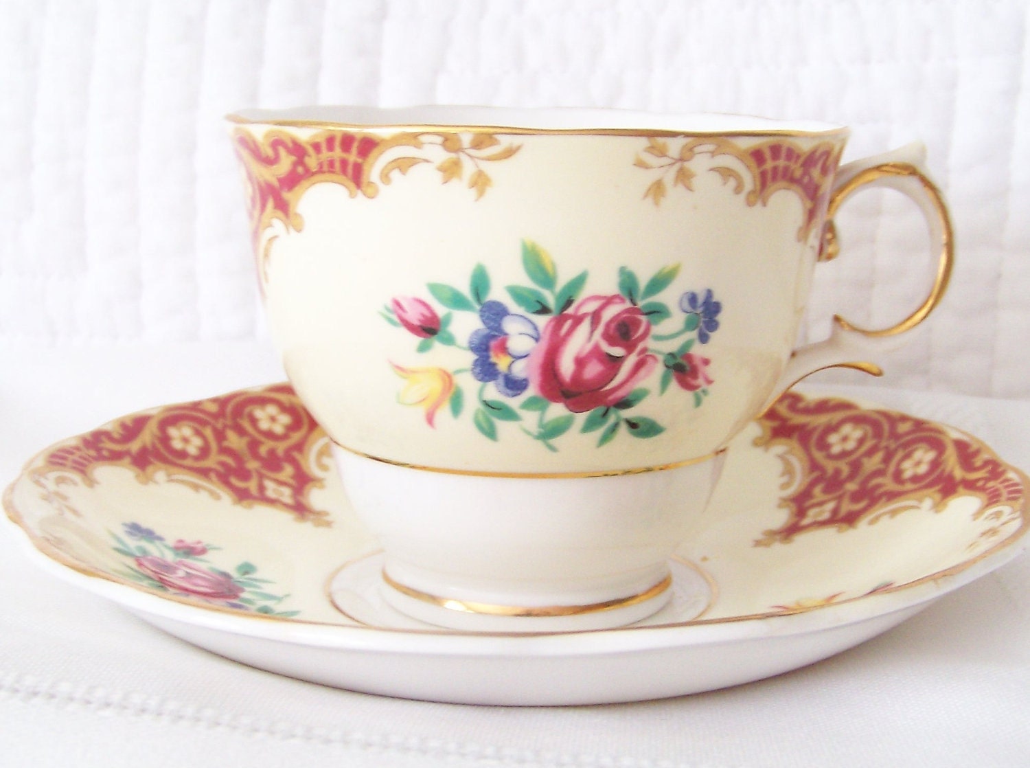 Colclough English Bone China Cup and Saucer with Cream Background and Roses