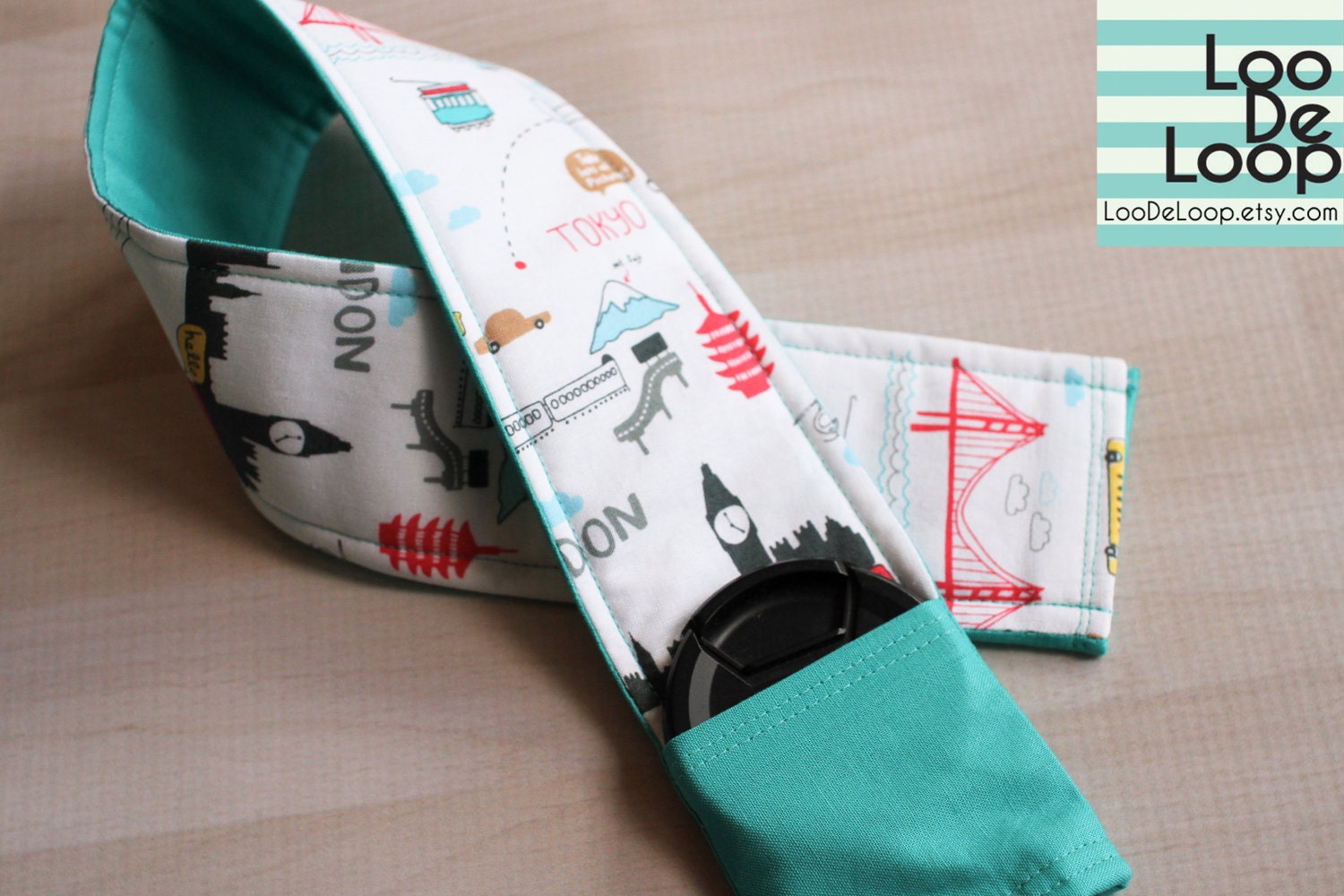 DSLR Camera Strap Cover in Travel the World fabric w/ Lens Cap Pocket READY to SHIP