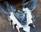 Dark Elf fantasy Shield necklace, engraved with black rutilated quartz gem in Sterling silver