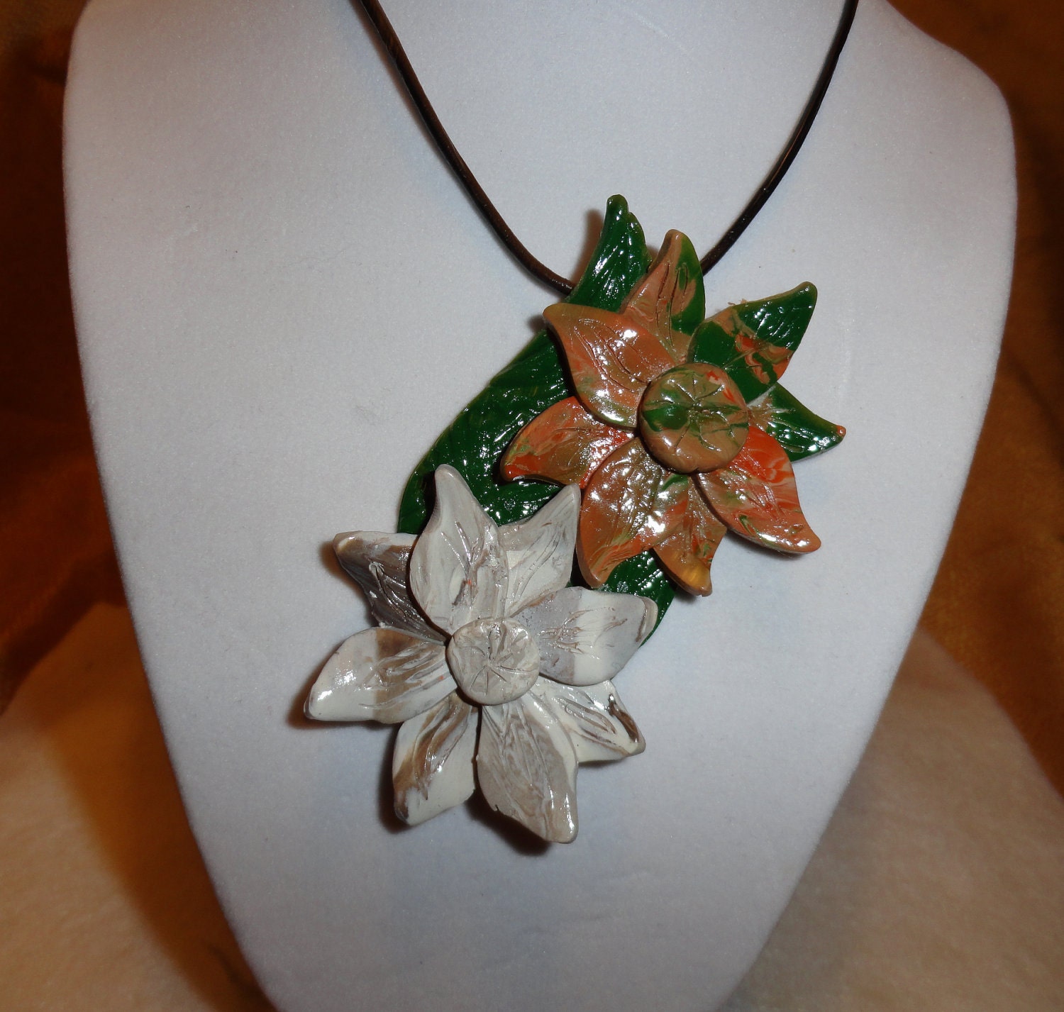 OOAK flower necklace, Fall colored statement necklace, Polymer clay necklace