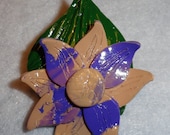 Handmade flower brooch, purple and tan, polymer clay brooch