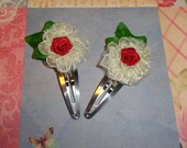 Ivory flower,  hair clip, Hair accessorie,  with a red ribbon,  rose embellishment