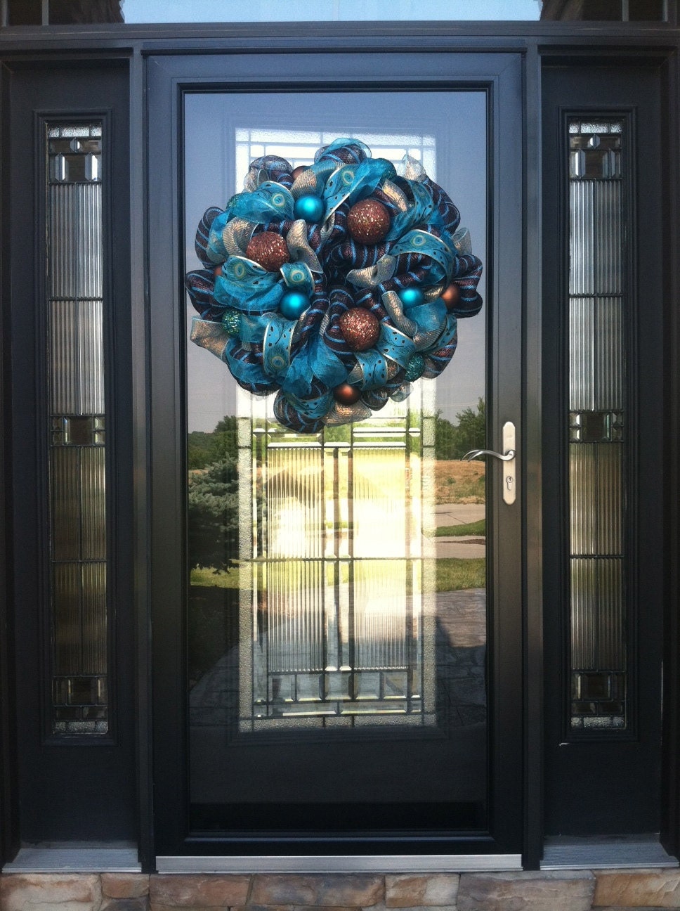 CLEARANCE Turquoise Peacock Winter deco mesh Wreath