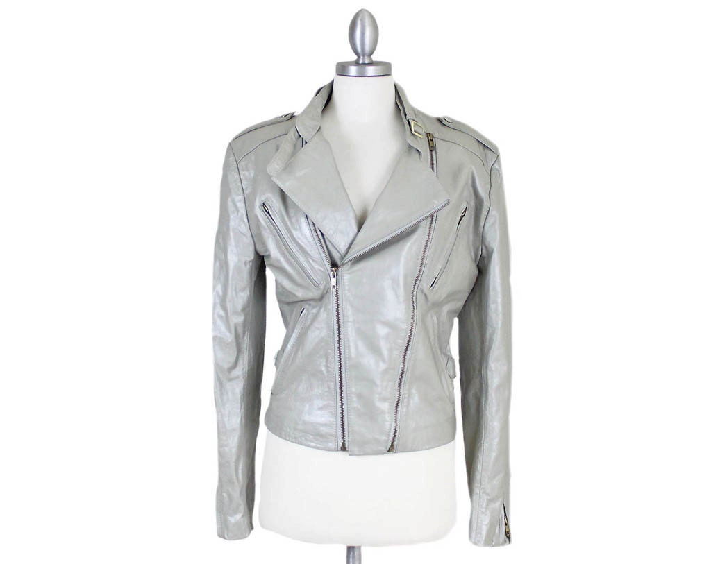 Rock of Ages......vintage 1980's fitted silver leather motorcycle jacket sz. 36