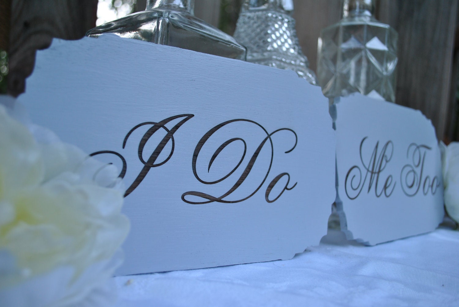 Painted engraved wood "I Do" and "Me Too" wedding signs (set of 2)