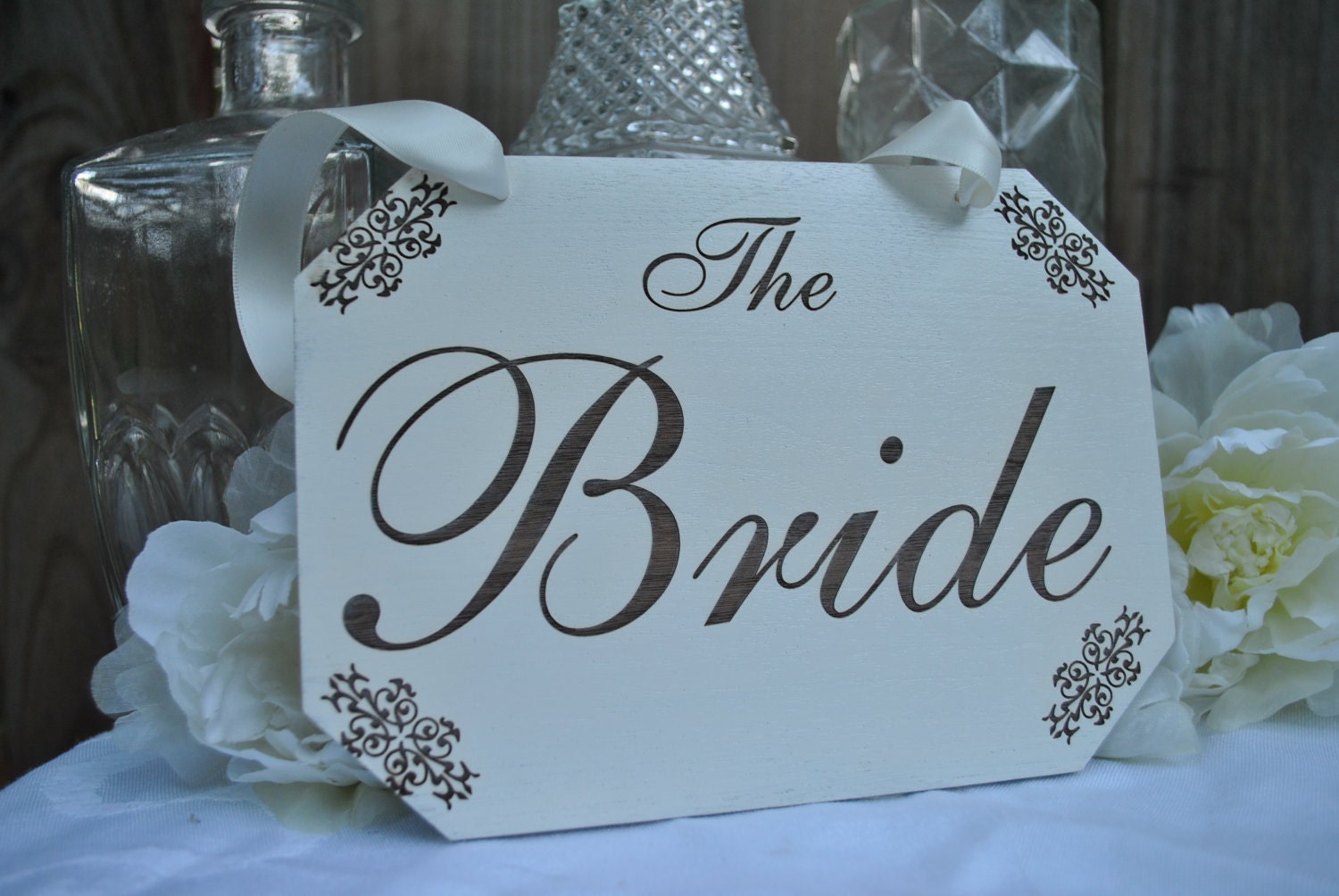 Vintage Inspired "Here Comes The Bride" set of three painted engraved wood signs