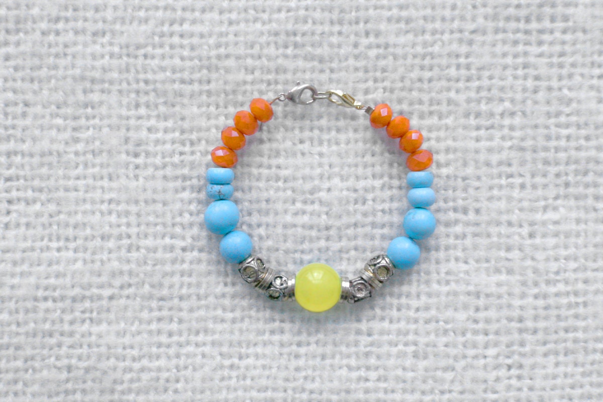 Turquoise, Yellow, Orange and Gold Beaded Bracelet