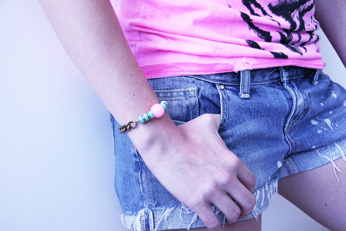 Neon Turquoise, Pink, Bead and Chain Bracelet