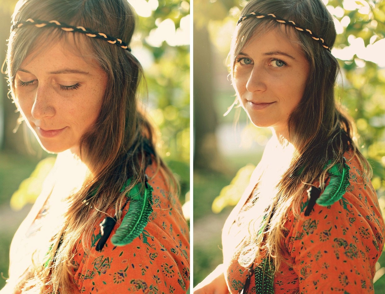 Leather and Feather Native Headband with Green and Black Feathers Hippie Boho Gypsy Temptress - Headpiece / Headdress
