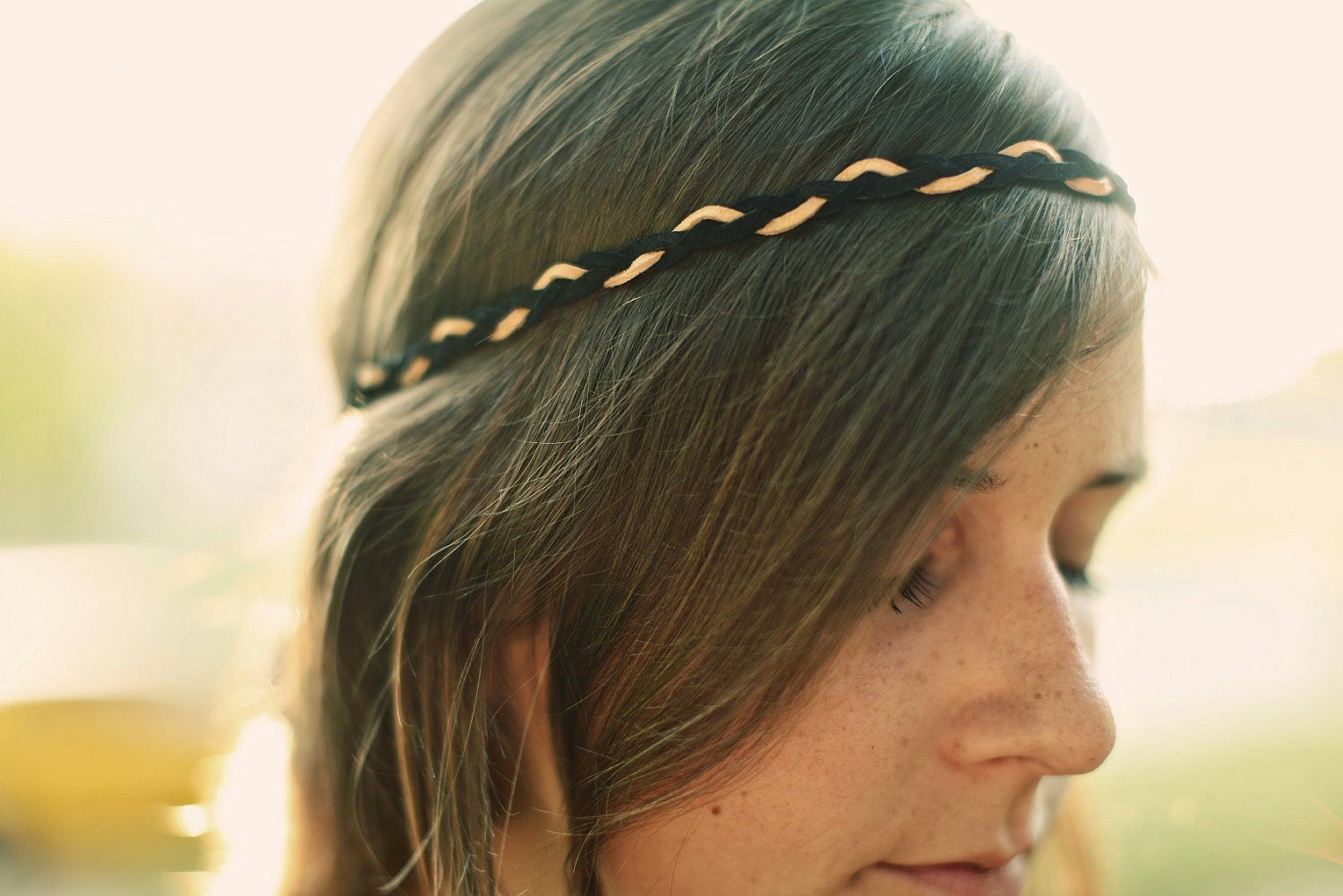 Leather and Feather Native Headband with Green and Black Feathers Hippie Boho Gypsy Temptress - Headpiece / Headdress