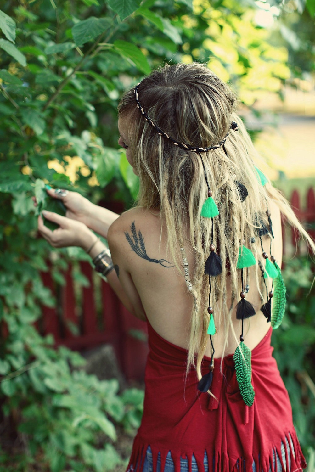 Leather and Feather Native Headband with Green and Black Feathers Hippie Boho Gypsy Temptress - Headpiece / Headdress