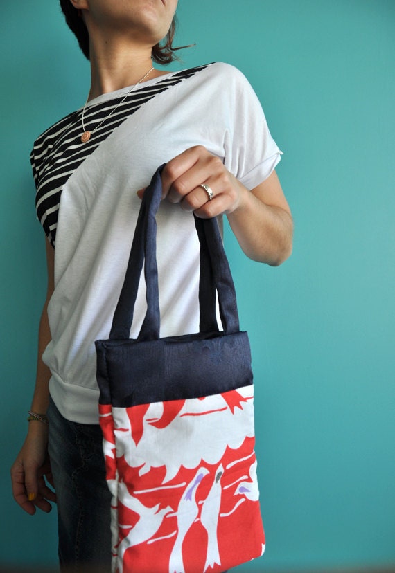Bird print bag, handmade from recycled cotton fabric