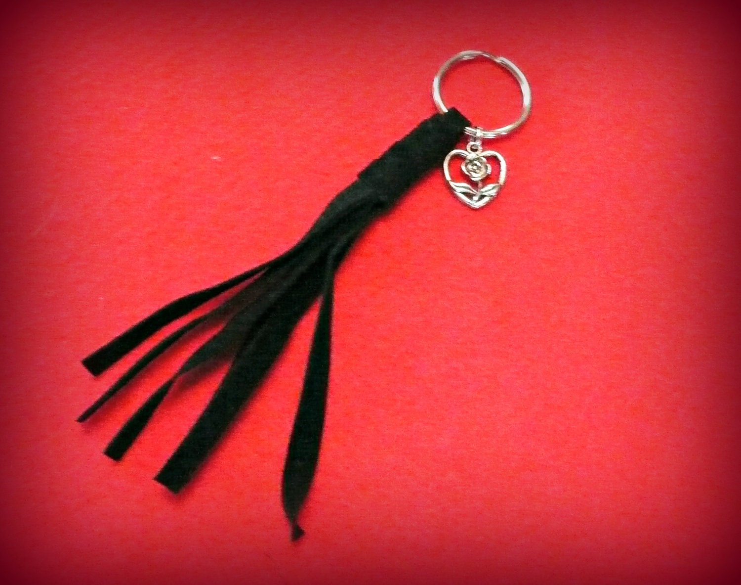 Fifty Shades of Grey inspired handmade leather flogger keychain with silver tone heart & flower charm - 4"