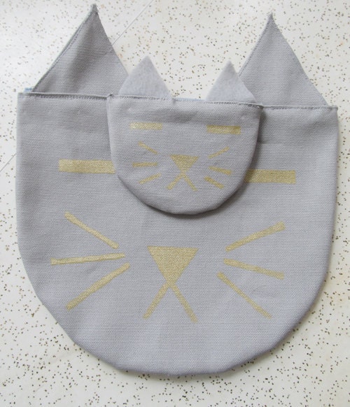 Gray with Gold Cat Pouch Carry-All Bag