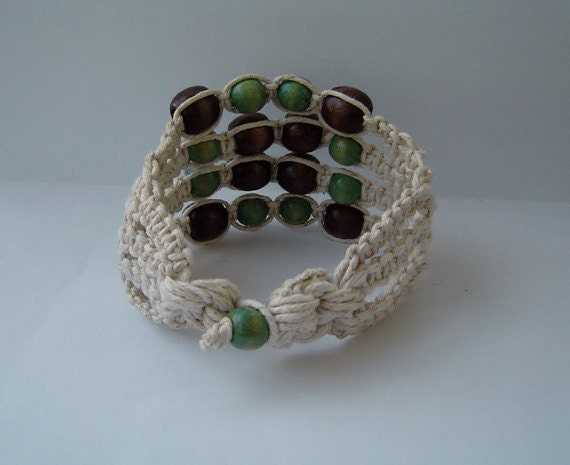 Macrame Bracelet, Cuff, Statement, Fibre Bracelet, Boho Jewelry, Green Brown Beige, Beaded, Wooden Beads, OOAK