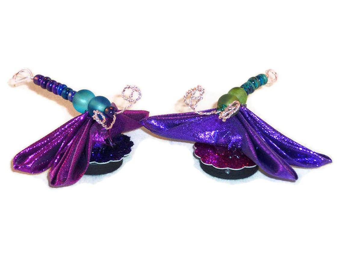 Kanzashi Dragonfly Magnets With Folded Fabric Wings & Beaded Wire Bodies M101 - fostersbeauties