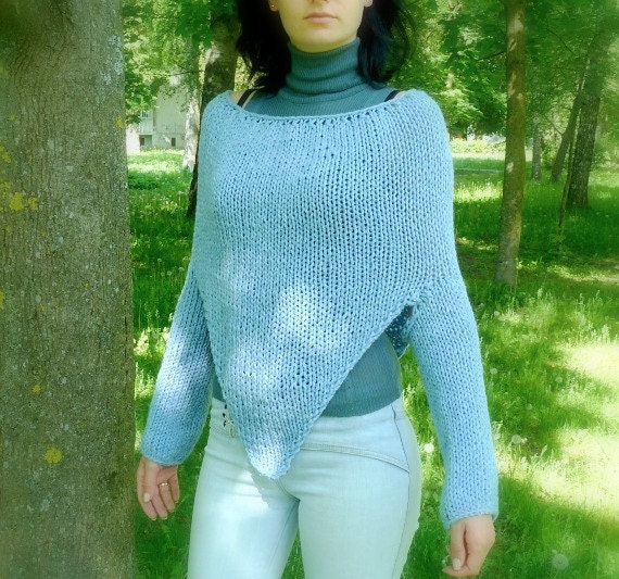 SALE 50% off / Aqua Blue Knit Women Poncho / OOAK Clothing / Women Clothing / Blue Sweater / Mermaid Sweater
