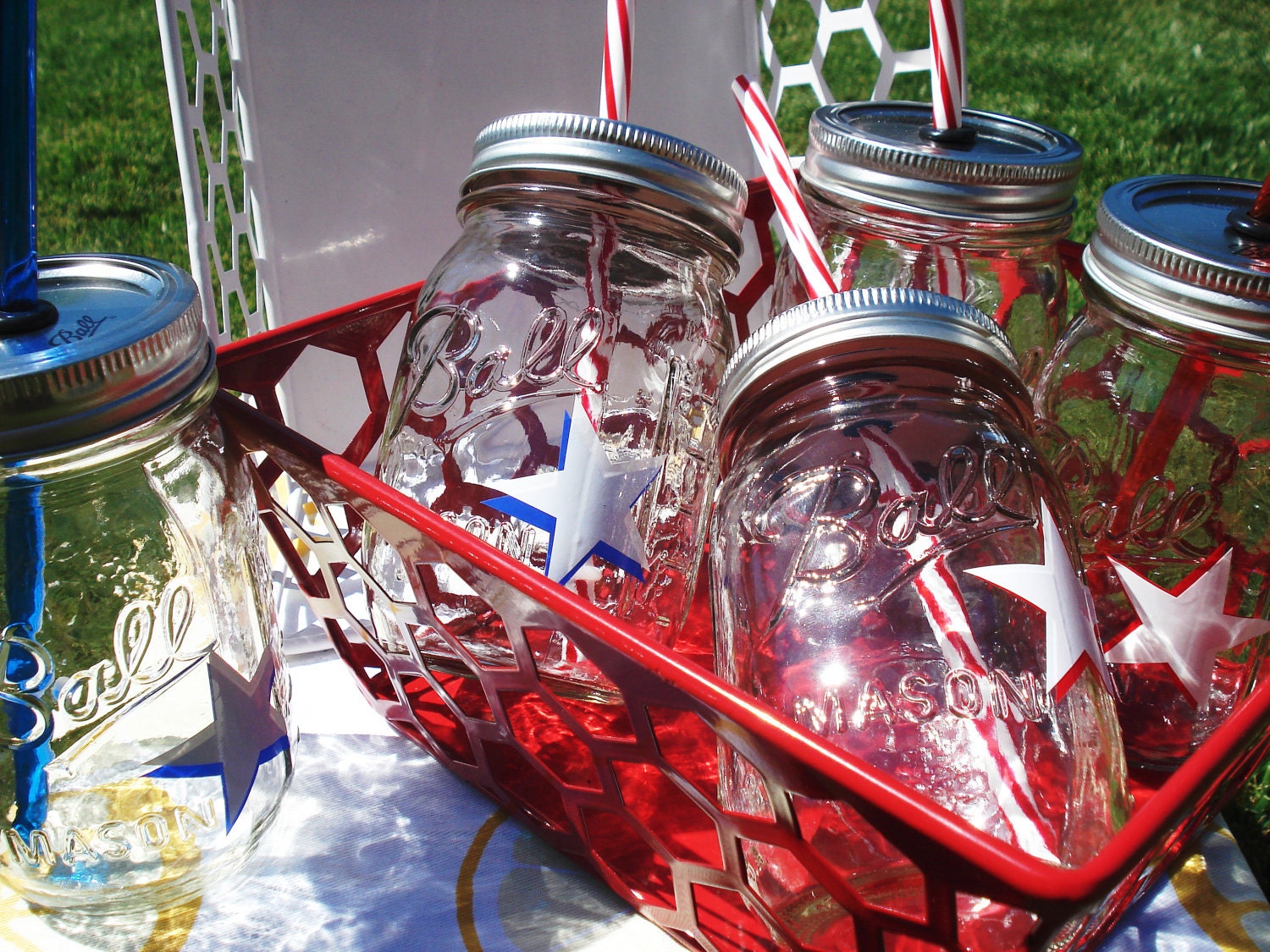 Cowboy Mason Jar Tumblers Western Red White and Blue Stars 4th of July with Reusable BPA Free Straws with Tray