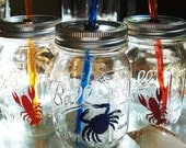 Lobster Crab Anchor Sailboats Mason Jars Beach Party Sippers Nautical Drinks Sea creatures with matching Reusable BPA Free Straws FOUR 16oz