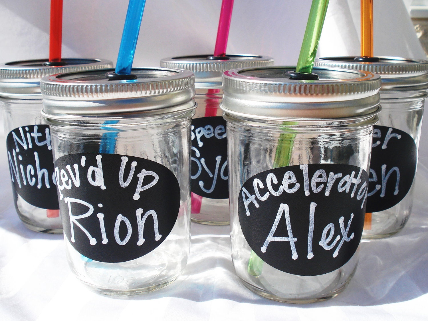 8oz Mason Jars Boy Cars Party Drinks with matching RAINBOW (You Pick) Reusable BPA Free Straws SIX
