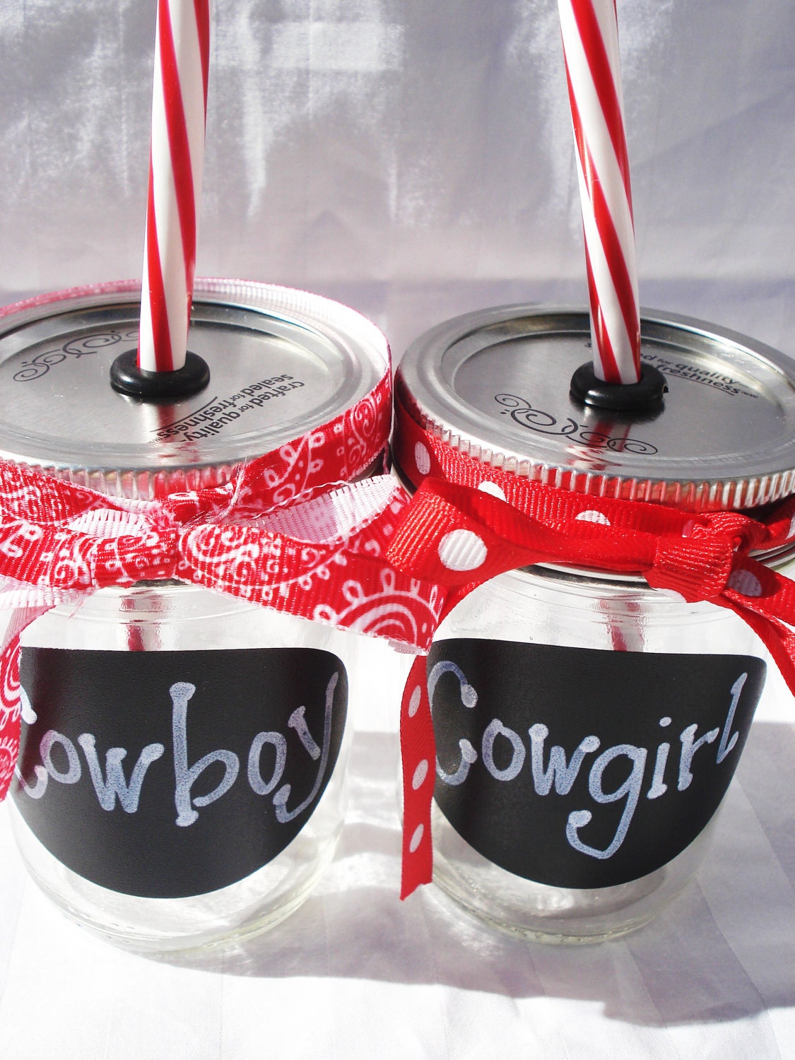 8oz Cowgirl OR Cowboy Mason Jar Kids Western PERSONALIZED Drinks Chalkboard Sticker with Reusable Red White BPA Free Straw