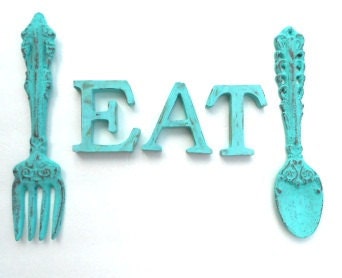 Shabby Chic Turquoise Cast Iron Fork and Spoon and EAT for Kitchen Decor - chicshabbyandunique