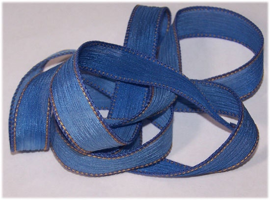 Hand Painted Silk Ribbon Vintage Denim Wrist Wrap Ribbon