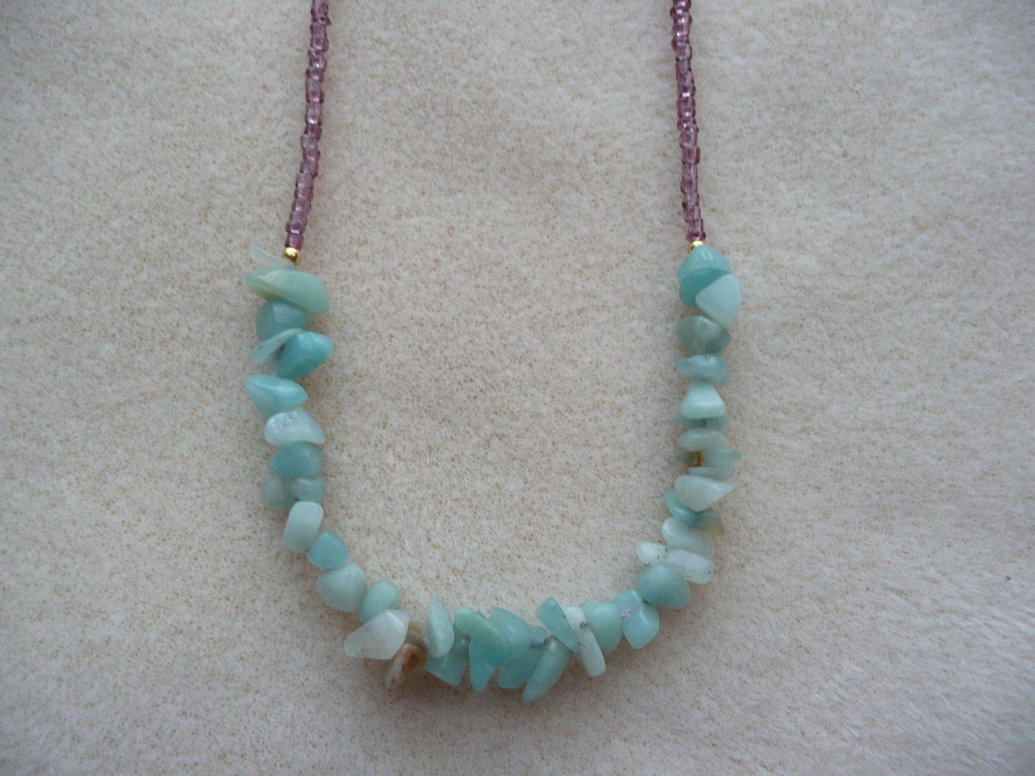 Amazonite gemstone chips with Gold and Purple Necklace