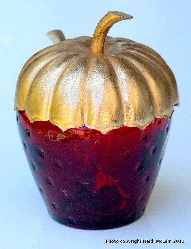 Avon Strawberry Bath Gelee Ruby Red Glass Embossed Jar with Goldtone Spoon and Goldtone Lid