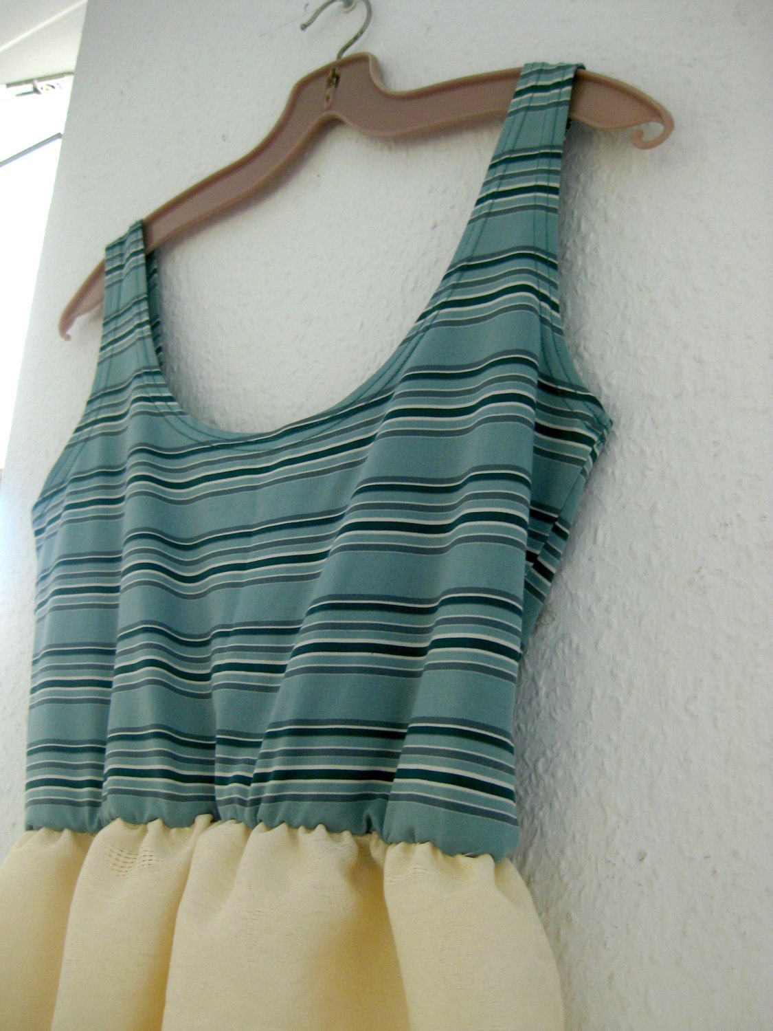 Teal & Cream Stripe Scallop Sun Dress: scallop skirt, scallop hem, upcycled vintage singlet, ready to ship size M