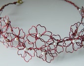 Sakura/Cherry Blossom Red Wire Mizuhiki Necklace/Choker/Collar with Glass Pearls -- Burgundy Copper Wire Jewelry