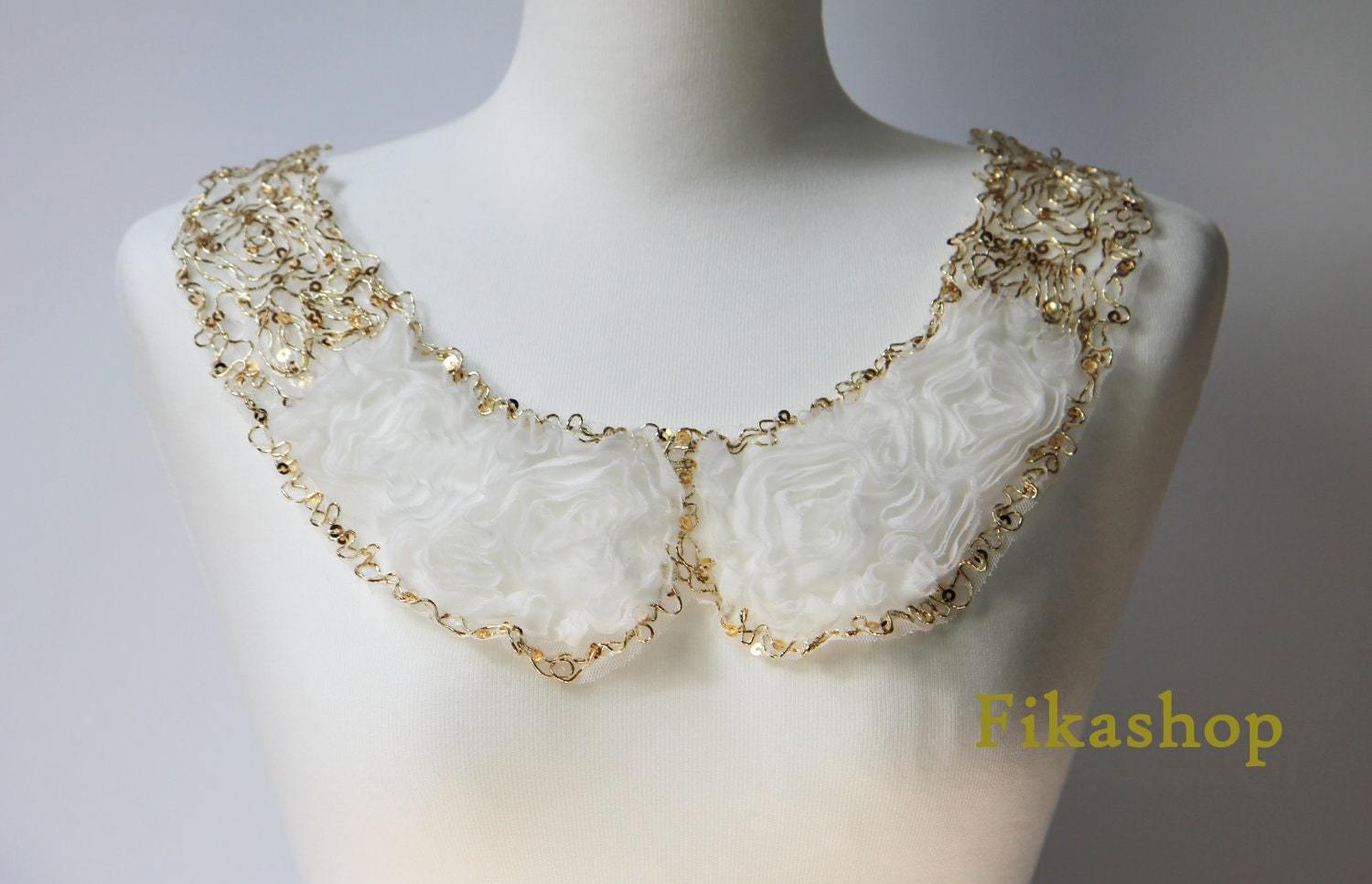Clearance Sale: White chiffon with gold cord & bead applique - Fikashop