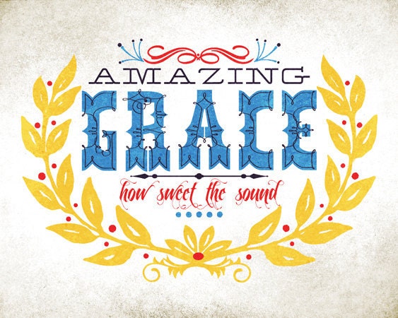 8x10 art print - Amazing Grace - Aged & Worn, Vintage Primary Colors Typography Poster Print