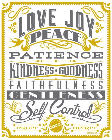 8x10 art print - Fruit of the Spirit - Gold & Grey Typography Poster Print - Galatians Scripture Bible Verse