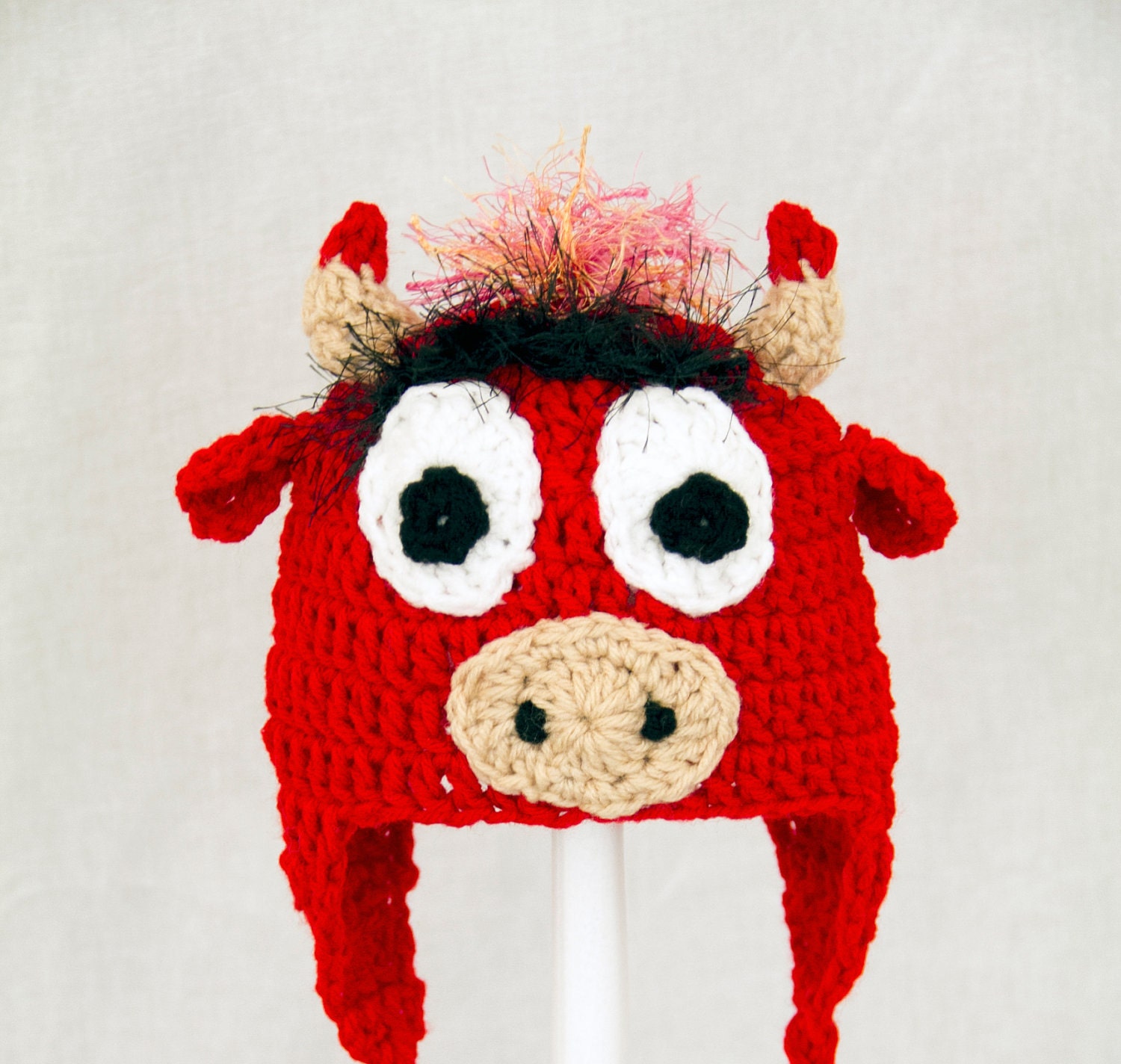 Benny the Bull Earflap Hat, Red Crochet Beanie, send size choice baby - adult
