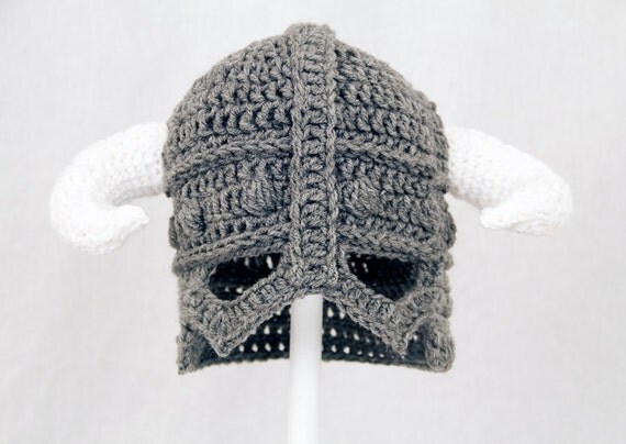 Skyrim Hat / Helmet, Crochet Grey Viking Helm with Horns, send size choice baby - adult