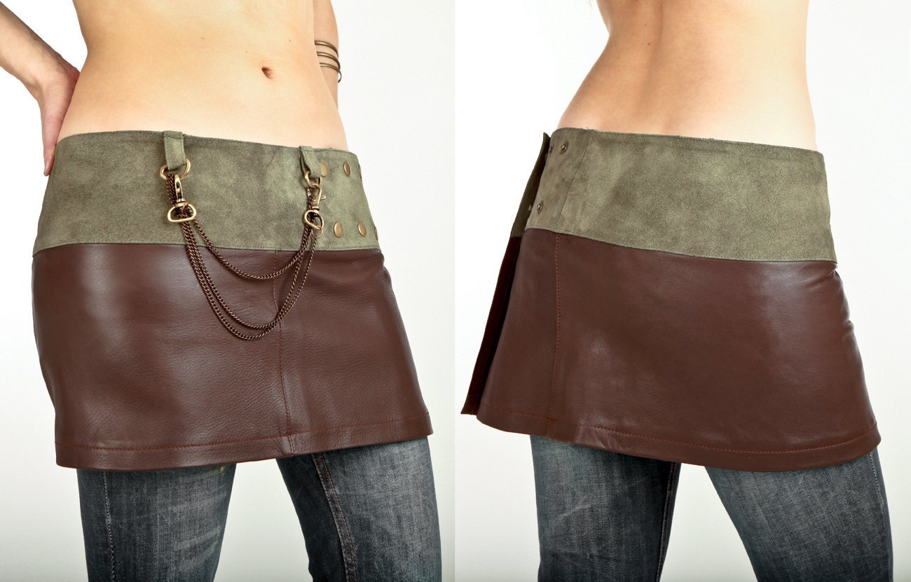 Mini Wrap skirt, brown leather with green suede belt, fits all sizes, gorgeous as it is useful