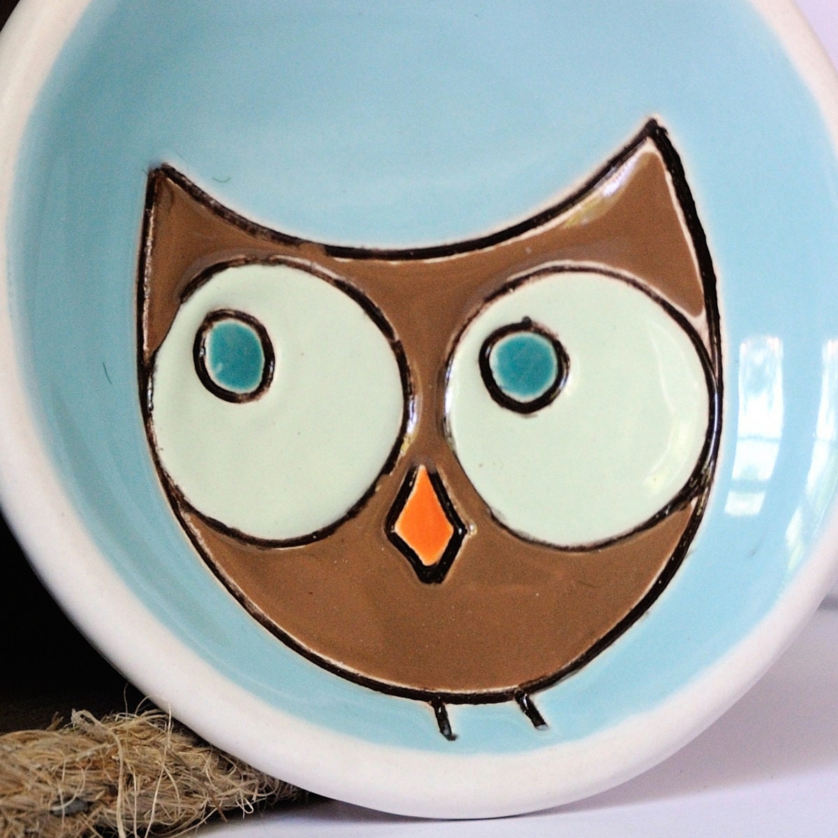 Ceramic Owl Plate Dish in Turquoise Brown and Green with Orange Beak Trinket Ring Holder