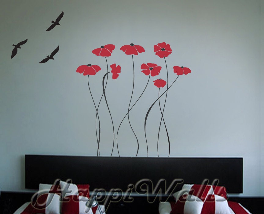 Wall Decal Vinyl Removable Home Decor Sticker - Red Flowers with 3 Birds - HW030