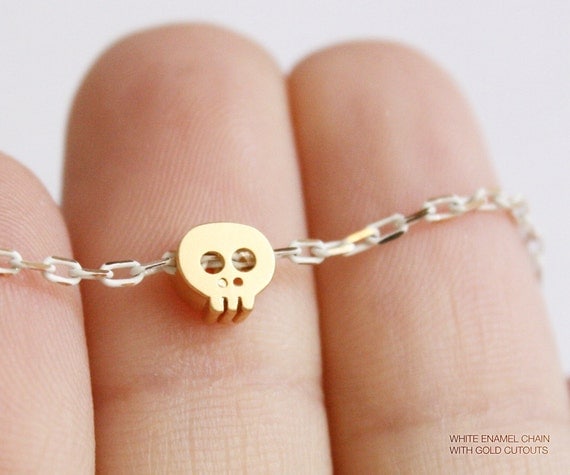 tiny skull bracelet - matt 14k gold plated skull on WHITE and golden chain