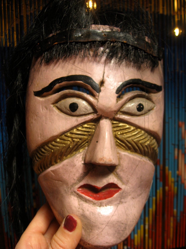 Rare Mexican Wooden Mask of an Indian Woman with Long Hair - vintage from 1960s