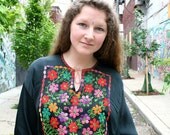 Vintage Black Nomadic Bedouin Dress with Floral Embroidery - early 1900s