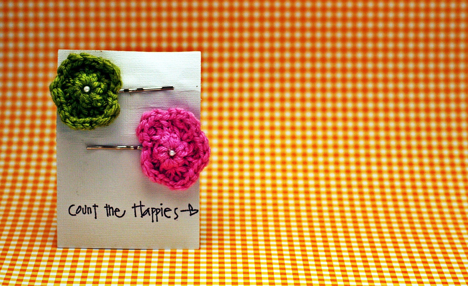 Two Crochet Flower Bobby Pins in Pink and Green