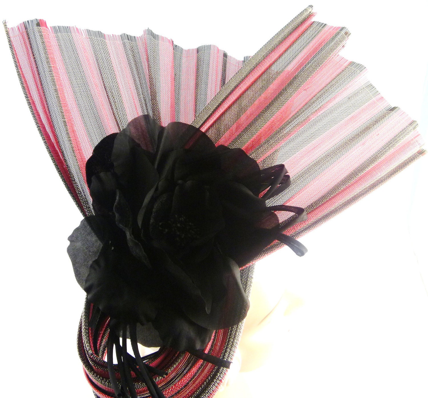 Scarlet and Grey Scalptured Straw Headband with Large Black Flower